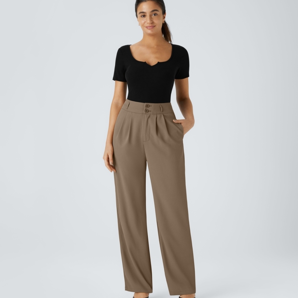 NWT HALARA High Waisted Button Zipper Side Pocket Shirred Straight Leg (Size: L)
